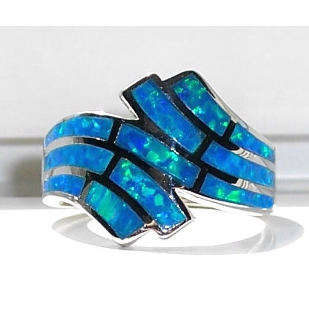 925 STERLING SILVER Lab Blue Fire Opal Ring